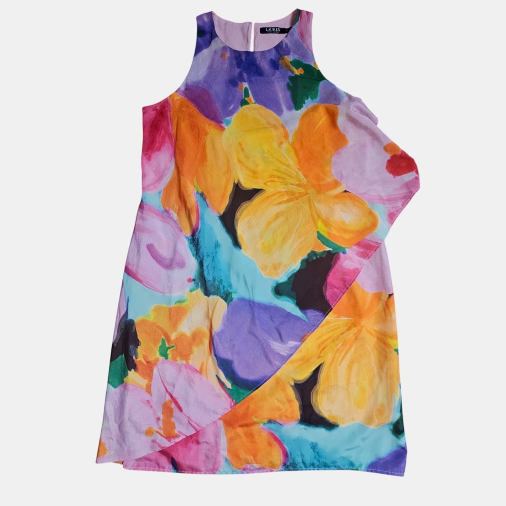 Lauren Ralph Lauren Floral Crepe Shift Dress 10 Watercolor Asymmetric‎ Overlay